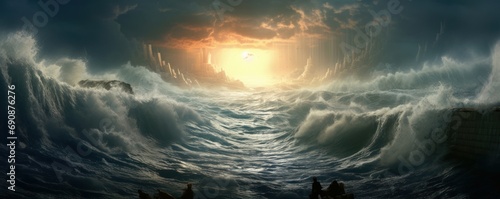 Ocean opening in biblical event of Moses. Opening of the Red Sea. 3D Illustration Rendering. Generative AI