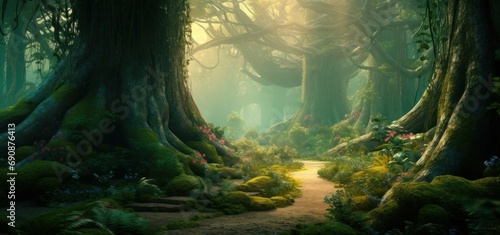 A beautiful fairytale enchanted forest with big trees and great vegetation. Generative AI photo