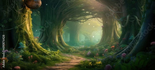 A beautiful fairytale enchanted forest with big trees and great vegetation. Generative AI photo