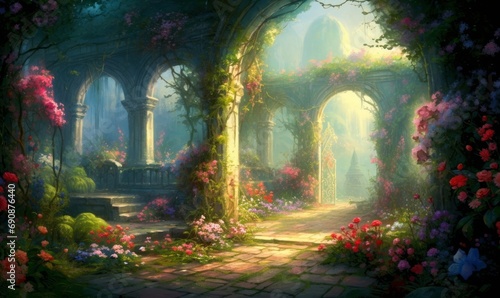 A beautiful secret fairytale garden with flower arches and colorful greenery. Generative AI