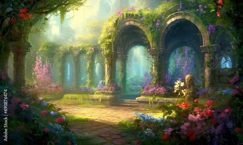A beautiful secret fairytale garden with flower arches and colorful greenery. Generative AI