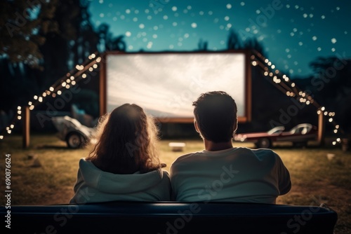 Couple in a car watching a movie on an outdoor cinema big screen, for drive-in cinema cinema concept, Generative AI photo