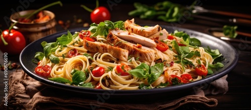 Authentic Italian lunch pasta with chicken, tomatoes, and greens.