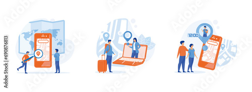 Businessmen Analyzing Product Delivery, Online map on the laptop, geolocation tracking application. Geolocation  set flat vector modern illustration 