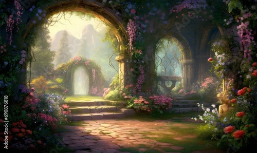 A beautiful secret fairytale garden with flower arches and colorful greenery. Illustration  Generative AI