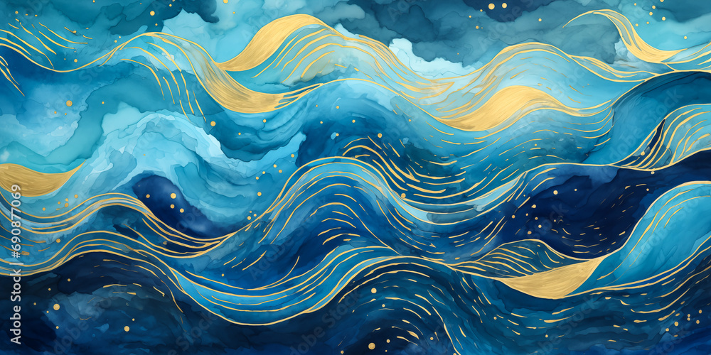 Magical fairytale ocean waves art painting. Unique blue and gold wavy swirls of magic water. Fairytale navy and yellow sea waves. Children’s book waves, kids nursery cartoon illustration by Vita
 - obrazy, fototapety, plakaty 