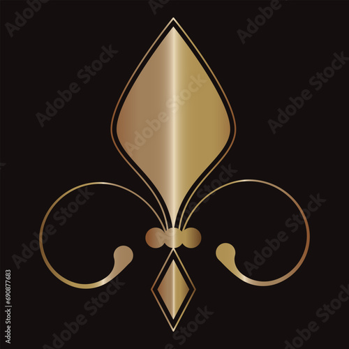 Fleur De Lis icon Royal French heraldic symbol  Gold, metallic decorative design element Vector illustration Isolated on black background