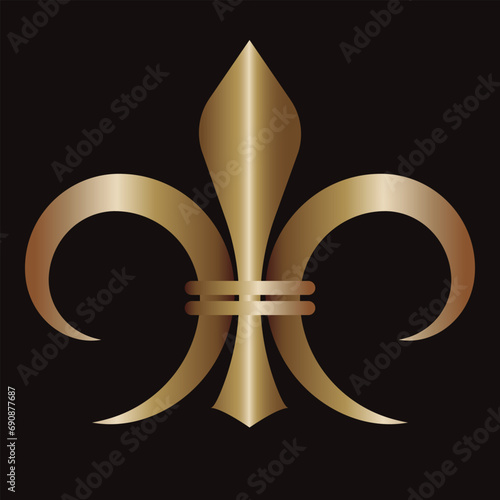 Fleur De Lis icon Royal French heraldic symbol  Gold, metallic decorative design element Vector illustration Isolated on black background