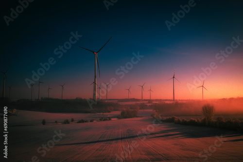 wind turbines at winter sunset