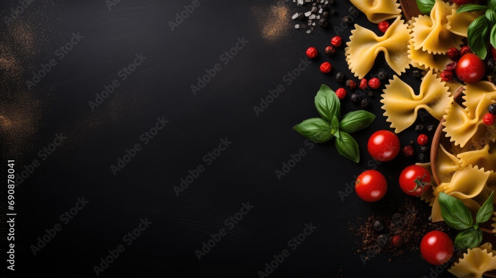 Food background. Italian food background with pasta, tomatoes and basil on a dark background. Food background. Italian food background with pasta, tomatoes and basil on a dark background.