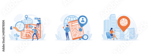  Tiny people search on location, Navigate mapping technology, Geofencing as map area boundary. GPS navigation set flat vector modern illustration 