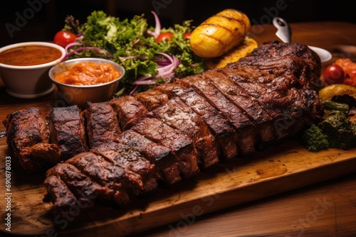 Traditional barbecue Brazilian churrasco steaks on a rustic wooden board