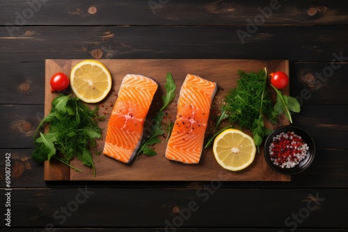 Fresh salmon fish steaks on a wooden cutting board