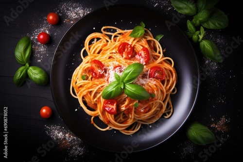 Delicious tasty classic Italian spaghetti pasta with tomato sauce, parmesan and basil on a plate on a dark table.