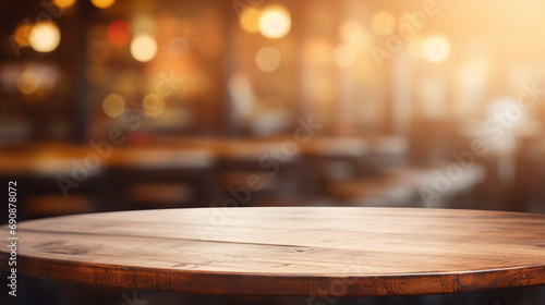 木製の丸テーブルとパブまたはバーのぼかし背景GenerativeAI photo