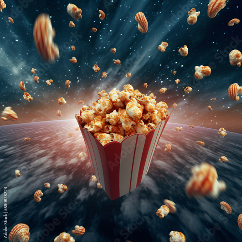 Popcorn flying saucers on universe background.