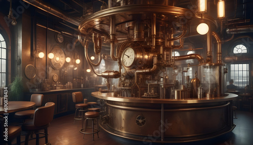 Brass Walls, Gear Furniture, Pneumatic Tubes, Clockwork Robot, Steampunk Haven ai generation