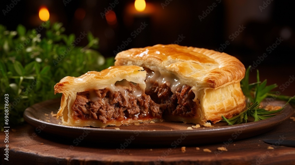 An Australian meat pie, flaky crust sheltering a savory filling. An Australian meat pie, flaky crust sheltering a savory filling.