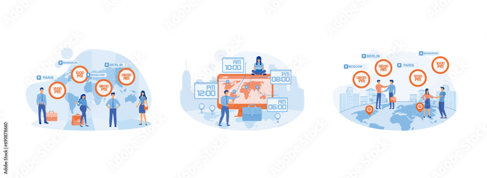 Local time zones, Clocks showing local time online on web site, International time and date. Time zone set flat vector modern illustration Local time zones, Clocks showing local time online on web site, International time and date. Time zone set flat vector modern illustration
