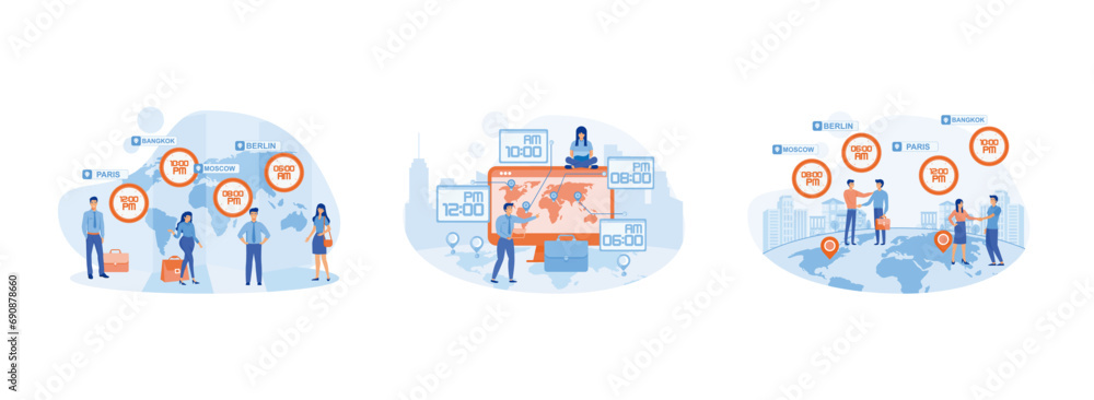 Local time zones, Clocks showing local time online on web site, International time and date. Time zone set flat vector modern illustration 