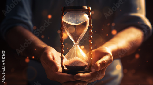 Hand holding hourglass. Concept of time passing, urgency or deadline.