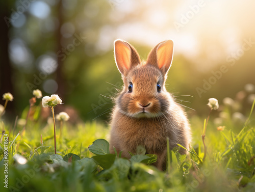 Cute little rabbit on a green grass with a sun flare. © Shanorsila