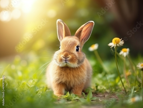 Cute little rabbit on a green grass with a sun flare. © Shanorsila
