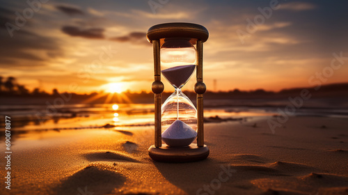An hourglass with sunset background. Concept of time passing, urgency or deadline. photo