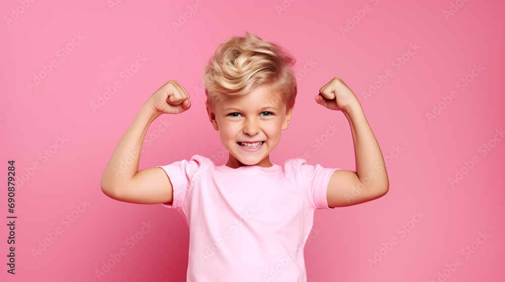 Funny little power super hero kid showing muscles. Strength, confidence or defense from bullying. Pink background. Funny little power super hero kid showing muscles. Strength, confidence or defense from bullying. Pink background.