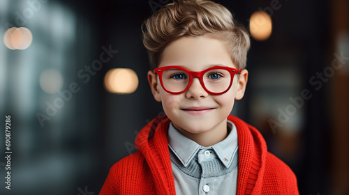 Portrait of cute little boy in a red outfit.