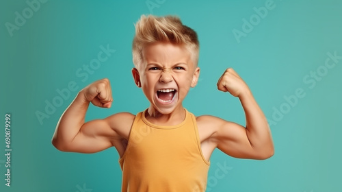 Funny little power super hero kid showing muscles. Strength, confidence or defense from bullying. Green background. photo