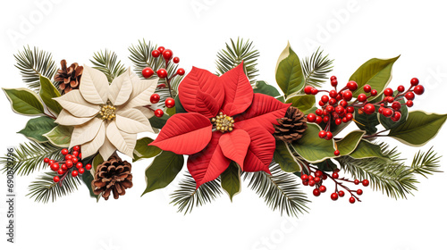 クリスマスや冬の装飾を連想させるポインセチアとベリー、松ぼっくりのデザイン（背景透明） photo