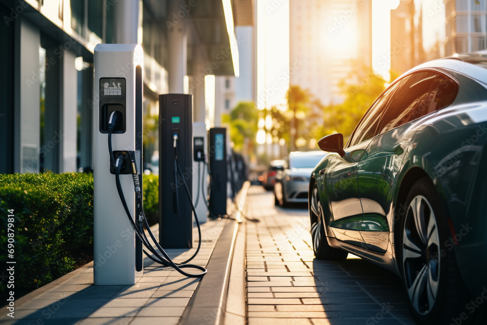 A cityscape with electric vehicle charging stations, promoting the transition to cleaner transportation methods. A cityscape with electric vehicle charging stations, promoting the transition to cleaner transportation methods.