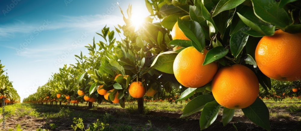 Winter citrus grove with ripe organic oranges. Traditional farming. - obrazy, fototapety, plakaty 