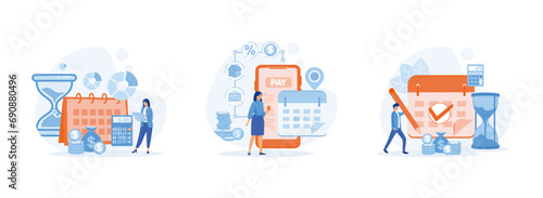Concept of payment date, Flat monthly payments calendar, Woman is standing near to a calendar with a due date. Payment date set flat vector modern illustration 