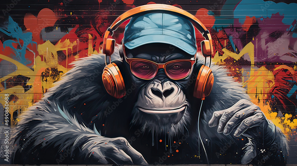 A cool gorilla rapper in sunglasses and a snapback cap, dropping beats in an urban setting with graffiti walls Ai Generative A cool gorilla rapper in sunglasses and a snapback cap, dropping beats in an urban setting with graffiti walls Ai Generative