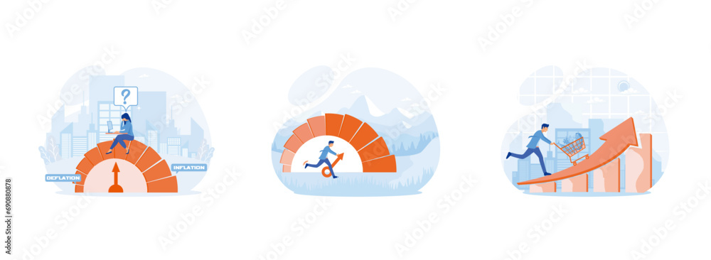 Economic risks. Inflation estimator or inflation gauge. Prices of commodities and consumer goods rose due to rising inflation. Inflation set  flat vector modern illustration 
