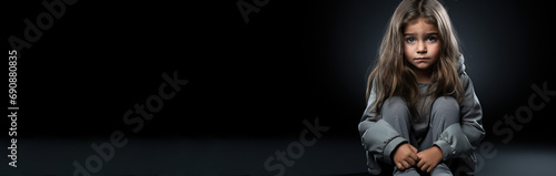 Sad child suffering from bulling sitting alone feeling loneliness. Unhappy scared fearful small kid holding her knees on black studio background child abuse violence concept. Copy paste place for text photo