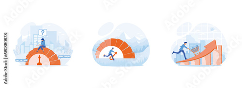 Economic risks. Inflation estimator or inflation gauge. Prices of commodities and consumer goods rose due to rising inflation. Inflation set  flat vector modern illustration 