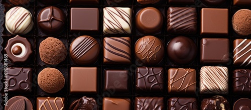 Assorted chocolate pralines seen from above. photo