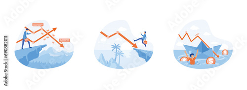 Crisis concept, Bankruptcy with falling down profit graph and money decrease Bankruptcy business. Bankruptcy business 1 set flat vector modern illustration 
