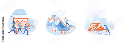 Bankruptcy flat tiny persons concept, Economical loan payback problem, failure or investment failure concept. Bankruptcy business 1 set flat vector modern illustration