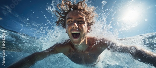Kid in summer splashes in water pool. photo