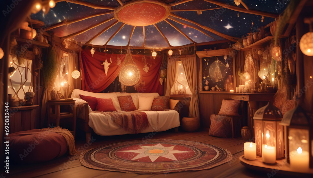 Obraz premium Gypsy Caravan Enchantment: Constellation Tapestries, Crystal Ball, Mystical Artifacts ai generation