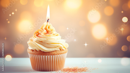 Festive Temptations Mouthwatering Birthday Cupcake Bliss adorned with a Glowing Candle, Sprinkles Galore, and Festive Elegance on a Neon Background generative AI photo