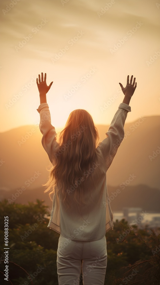 Back view portrait of a white female raising her hand against sunrise landscape in the background, background image, generative AI Back view portrait of a white female raising her hand against sunrise landscape in the background, background image, generative AI