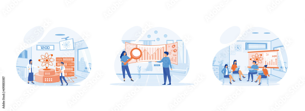 Landing page template of Data, processing and provision of data Research, Analyst working on a project. Data science set flat vector modern illustration 