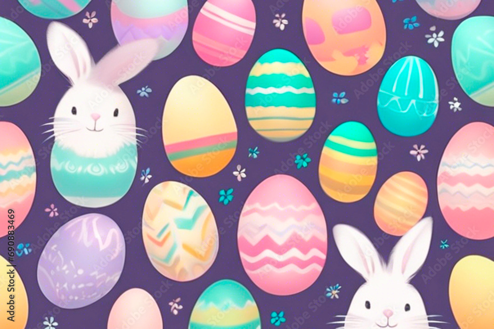 Easter eggs with bunnies. 2D illustration for greeting cards or children's books Easter eggs with bunnies. 2D illustration for greeting cards or children's books
