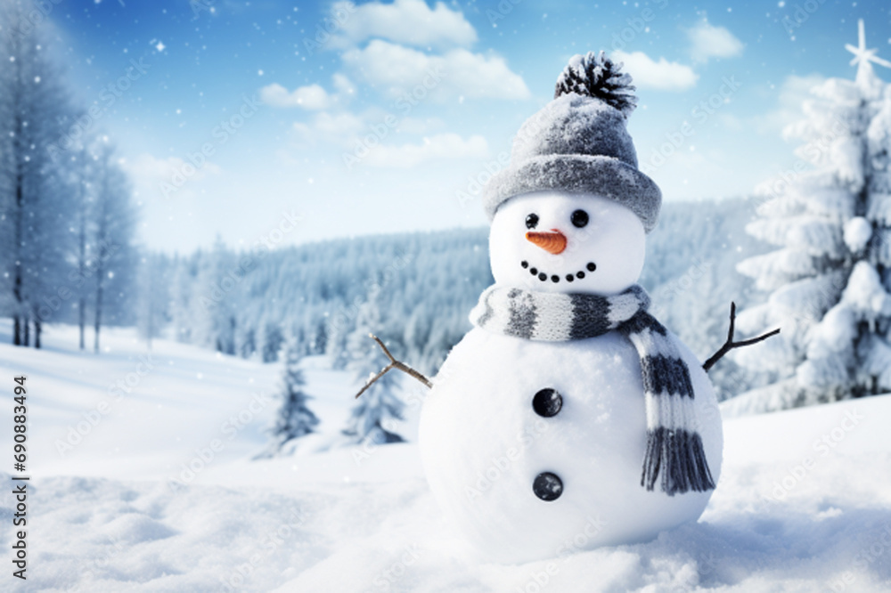 Cute snowman in snow with senta hat for happy christmas and new year festival winter wallpaper. AI