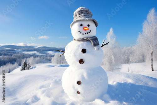 Cute snowman in snow with senta hat for happy christmas and new year festival winter wallpaper. AI
